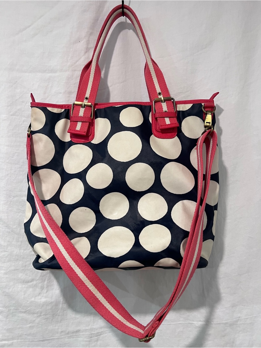 Boden Navy Polka Dot Tote Bag Pink Trim Crossbody Shoulder Bag Coastal Preppy